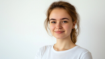 An average 20 year old woman from Croatia, she is wearing a white t-shirt, white clean background
