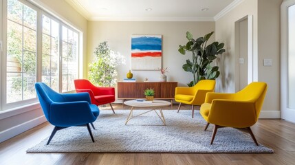 Minimalist living room with vibrant blue, red, and yellow armchairs paired with simple decor and neutral walls.