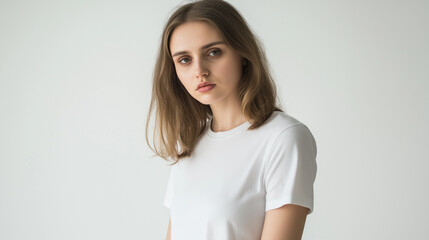Obraz premium An average 20 year old woman from Croatia, she is wearing a white t-shirt, white clean background
