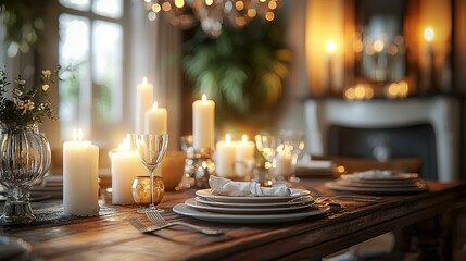  A table adorned with candles, dishes, and napkins for celebratory dinners