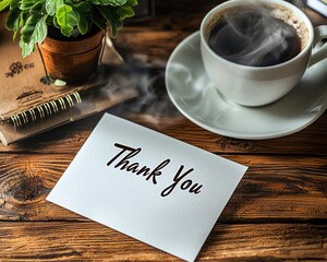 A handwritten thank you note on a rustic wooden table with a cup of coffee and a potted plant.