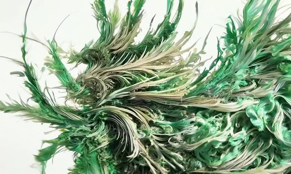 Motifs abstraits en forme de plumes dans des tons verts tourbillonnant de mani&egrave;re fluide, animation artistique et organique, id&eacute;ale pour des projets visuels cr&eacute;atifs et des arri&egrave;re-plans &eacute;l&eacute;gants