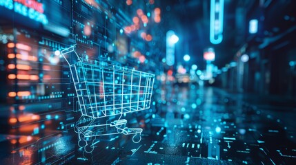 Sleek image of ai integration in retail with bold shopping cart icon and tech background