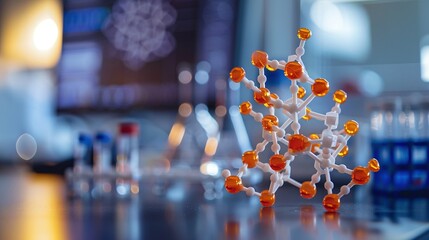   A close-up of an orange and white snowflake model on a table with other items