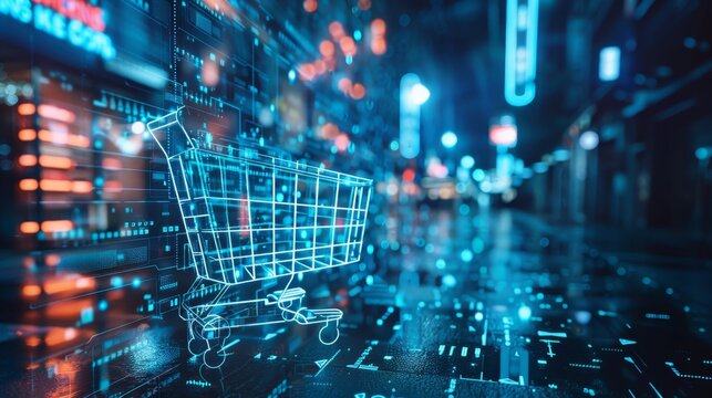 Sleek image of ai integration in retail with bold shopping cart icon and tech background