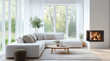 Modern living room featuring a Scandinavian design with a white corner sofa, fireplace, natural light, and minimalist decor