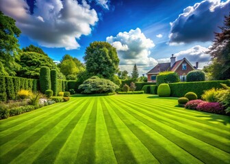 A stunningly manicured lawn edge showcases vibrant green grass, its crisp, defined borders illuminated by warm sunlight, creating a picturesque outdoor haven of tranquility.