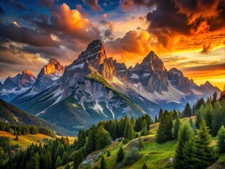A stunning mountain landscape at sunset, showcasing vibrant colors that blend beautifully, with majestic peaks silhouetted against the glowing horizon&acirc;&euro;&trade;s breathtaking display of light.