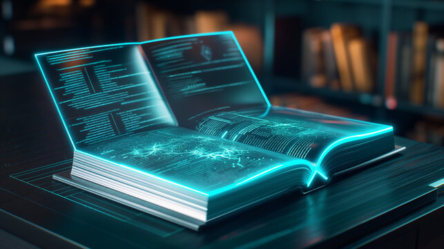 A digital book with semi-transparent, glowing pages that appear to flip in motion. One side displays a faded, outdated version of a course, while the next page is vibrant and crisp, showcasing modern 