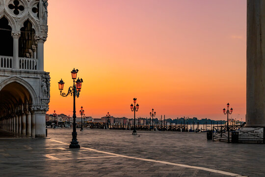 Sunrise view of piazza San Marco, Doge Palace Palazzo Ducale in Venice, Italy. Architecture and landmark. Sunrise cityscape. Venice embankment.