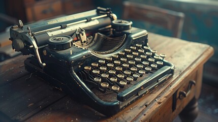   Close-up of an antique typewriter on wood table with vintage typewriters in background