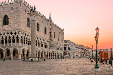 Sunrise view of piazza San Marco, Doge Palace Palazzo Ducale in Venice, Italy. Architecture and landmark. Sunrise cityscape. Venice embankment.