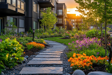 A serene and well-arranged outdoor garden area with lush greenery, colorful flowers, stone pathways leading to seating areas, and wooden benches