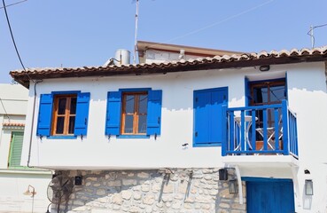 greek blue and white house in the village in Afytos on the Kassandra-Chalkidiki peninsula - Greece