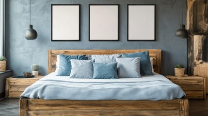 Rustic bedroom with a wooden bed, soft blue pillows, bedside tables, and three black-and-white poster frames.