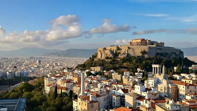 Aerial View of the Acropolis in Athens, Greece, with White Buildings and Blue Skies