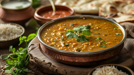 Delicious Indian Dal Curry with Rice and Naan