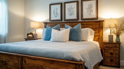 Rustic wooden bed with soft blue pillows, bedside tables, and three framed posters in a cozy farmhouse bedroom.