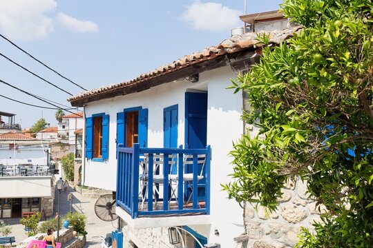 white and blue greek house in Afytos on the Kassandra-Chalkidiki peninsula - Greece