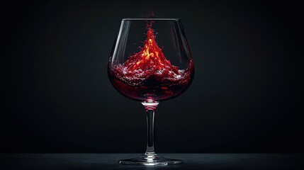   A close-up of a wine glass filled with liquid on a black surface against a solid black backdrop