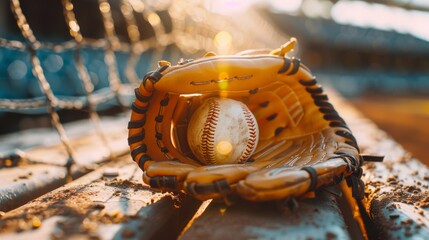 close-up of a baseball glove and ball resting on a bench, with a blurred view of the stadium seats in the background