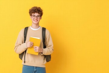 Fototapeta premium A cheerful student holding books, ready to embark on new learning adventures in life.