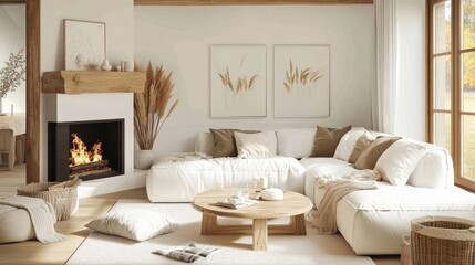 Scandinavian home interior with a white corner sofa, wooden accents, and fireplace in a cozy, modern living room with simple decor