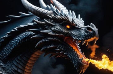 Close-up of an annual dark fire-breathing dragon on a black background with smoke. Fantasy characters concept.