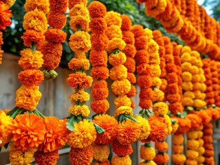 A vibrant marigold garland adds a burst of bright orange joy to any festive celebration, radiating warmth and happiness.
