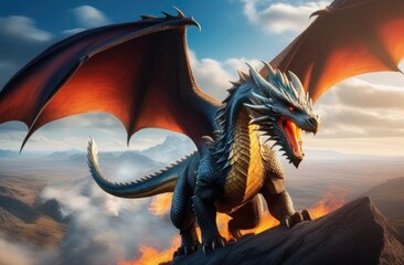 Close-up. A large fire-breathing dragon stands on a boulder against the backdrop of a mountain landscape. Fantastic animal