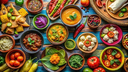 Fototapeta premium A vibrant Oaxaca feast showcases traditional dishes and fresh ingredients, beautifully arranged on a rustic wooden table, celebrating the region's rich culinary heritage and culture.