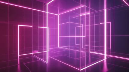 Fototapeta premium A 3D abstract model of interconnected geometric shapes made of glowing neon lines, floating in an infinite void.