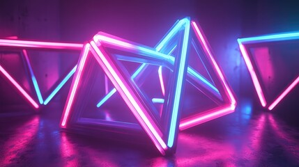 Naklejka premium A 3D abstract model of interlocking geometric shapes made of glowing neon lines, softly rotating in a dark void.