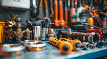 Close-up of Various Tools and Fittings on a Blue Surface