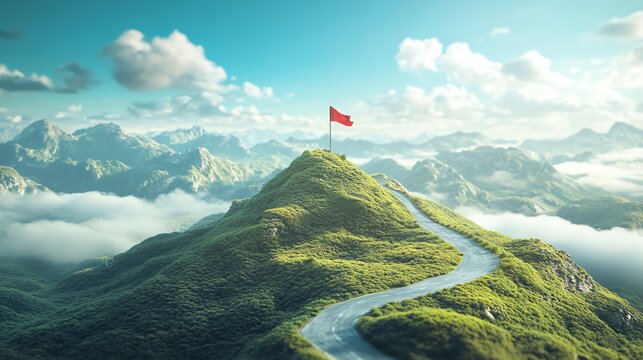 A winding road leads up a mountain to a red flag at the peak,  surrounded by clouds.