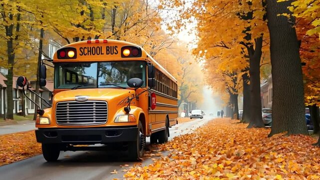 Yellow School Bus Driving Down a Street Lined with Fall Foliage