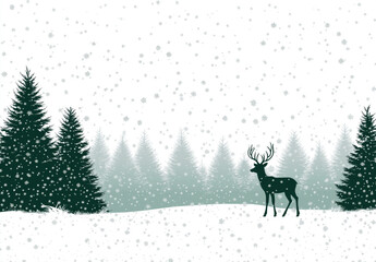 Vector Illustration of a Snowy Pine Forest with Deer and Falling Snowflakes