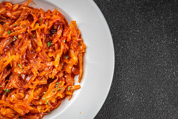 cabbage Braised suerkraut vegetable dish fresh delicious gourmet food background on the table rustick food top view copy space
