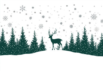 Peaceful winter forest scene with a deer and falling snowflakes in a minimalist design.