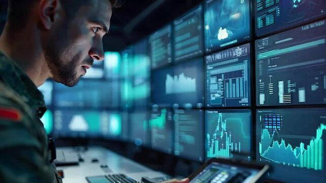 Man in Military Uniform Monitoring Data on Multiple Computer Screens