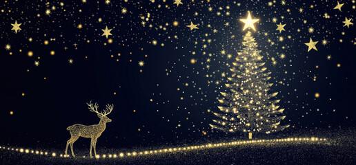 Golden Christmas Tree and Deer with Glittering Lights on a Dark Background