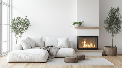 White corner sofa beside a fireplace in a Scandinavian-inspired living room with minimalist furniture and light wooden floors