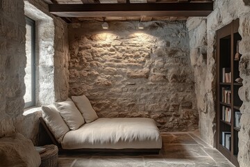 Stone Wall Room with Window, Couch, and Bookshelf