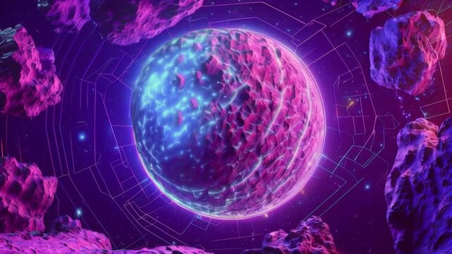 Top view alien planet with retro futuristic concept. 3D render animation. Lanscape in cosmos or galaxy, space 80s style wireframe for VJ DJ music background. Digital geometric abstract synthwave S