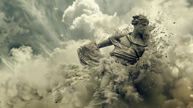 A classical icarus statue in mid fall, surrounded by swirling clouds, symbolizing hubris and tragedy
