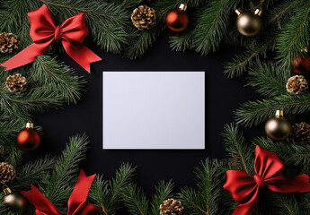 Festive Christmas Card Template with Green Pine Branches and Red Bow festive decorations and blank space for personalization.