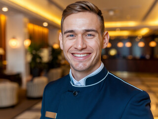 Fototapeta premium Smiling hotel worker. Friendly hotel worker with a welcoming smile. Perfect for hospitality, customer service, and travel themes.