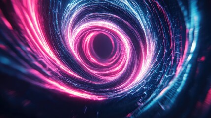 Obraz premium A 3D abstract object resembling a spiral galaxy, made of glowing neon lines twisting in a dark void.