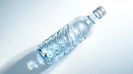   Close-up of a water bottle on a white surface with a bottle shadow on one side