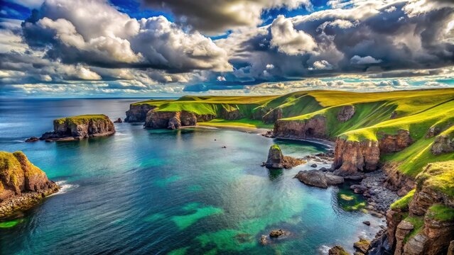 Breathtaking St Abbs Head showcases jagged cliffs meeting a vivid blue ocean, all set beneath a dynamic, cloudy sky, creating a stunning natural panorama.